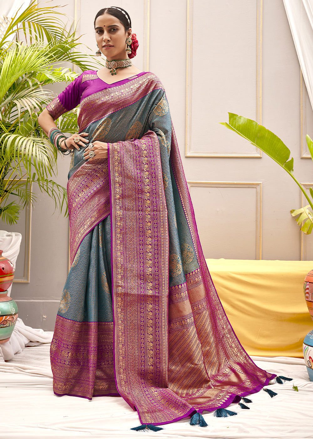 Buy MySilkLove Nandor Blue and Purple Zari Woven Banarasi Saree Online