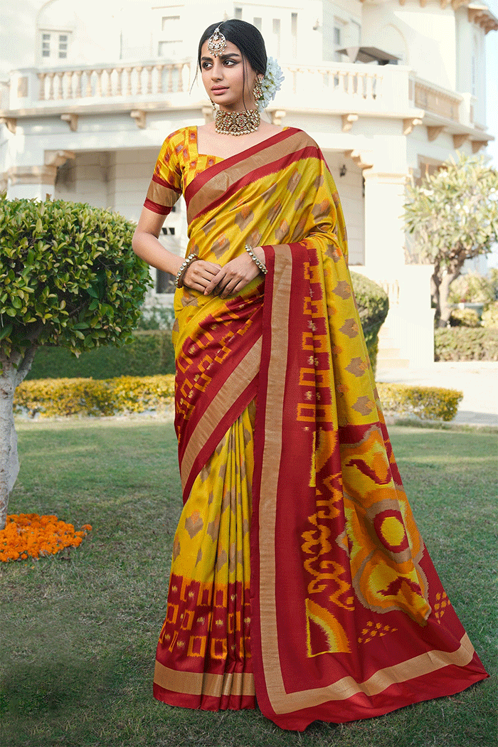 Grass Yellow and Red Patola Silk Saree
