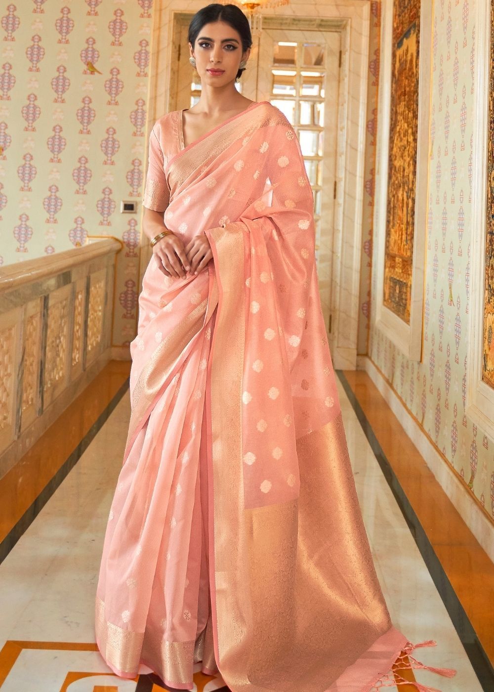 Buy MySilkLove Contessa Pink Zari Woven Linen Saree Online