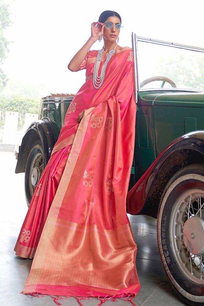 Mahogany Pink Zari Woven Chanderi Banarasi Saree