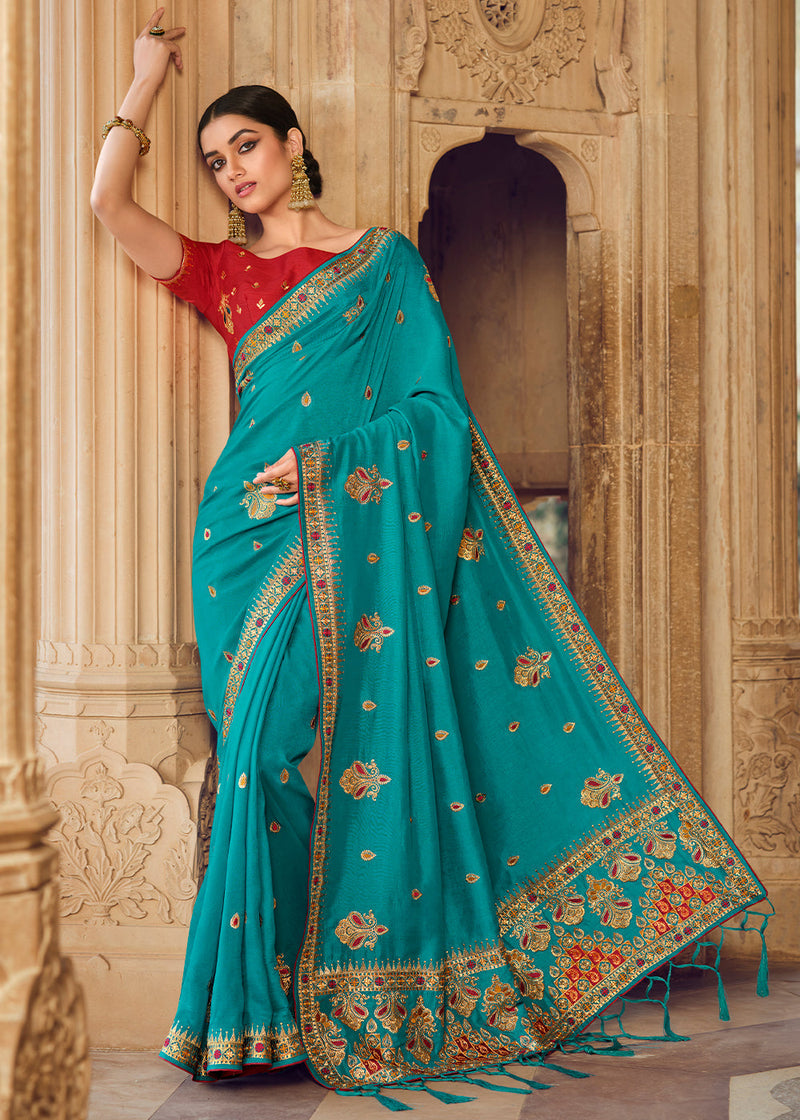 Breaker Blue Woven Banarasi Saree with Embroidery Work