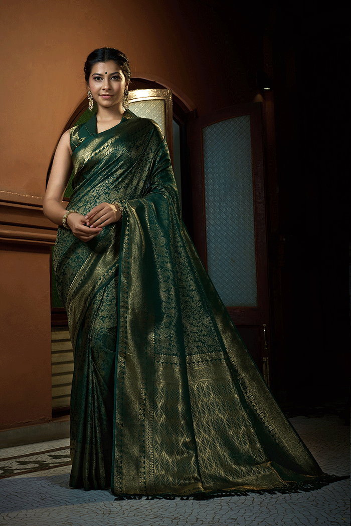 Racing Green Handloom Woven Kanjivaram Saree