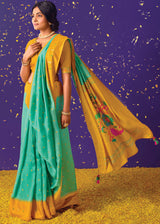 Vista Blue Printed Paithani Saree With Embroidered Blouse