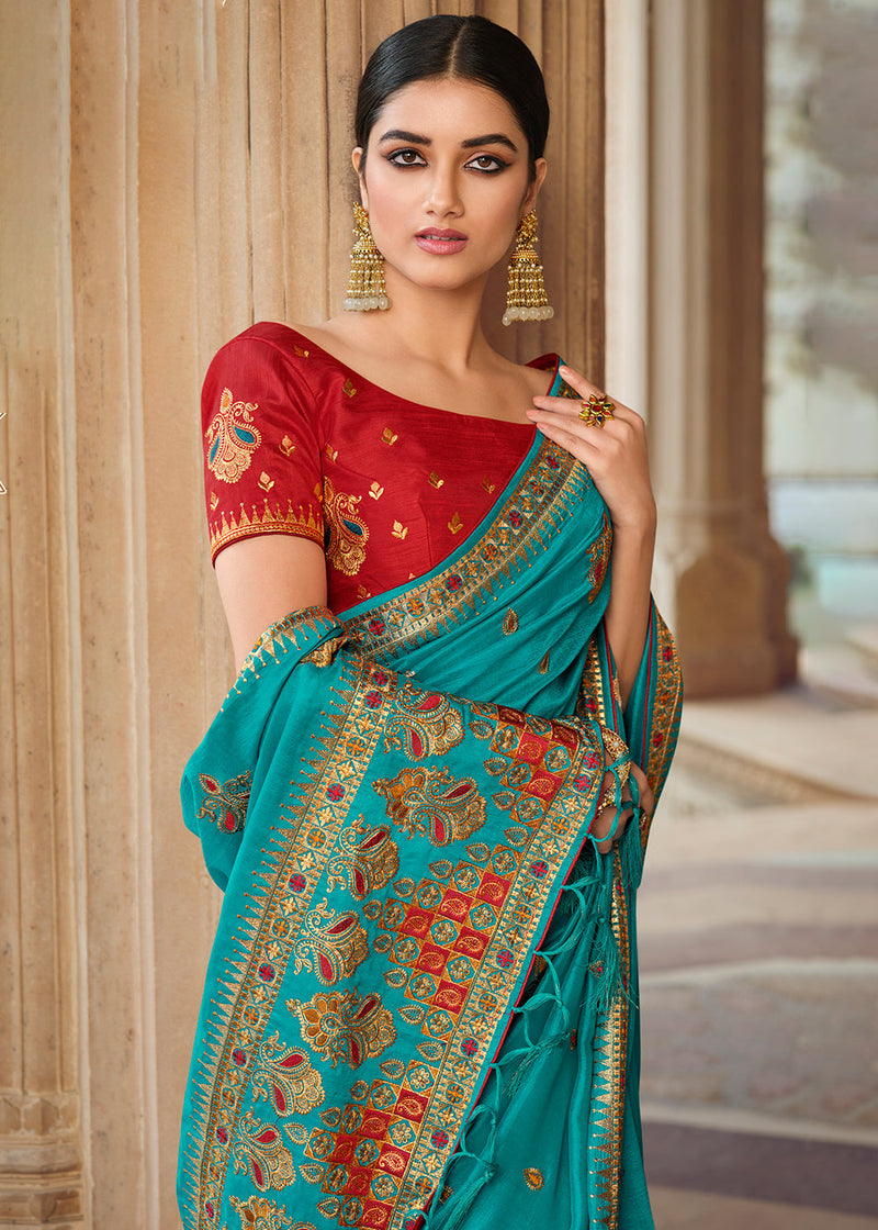 Breaker Blue Woven Banarasi Saree with Embroidery Work