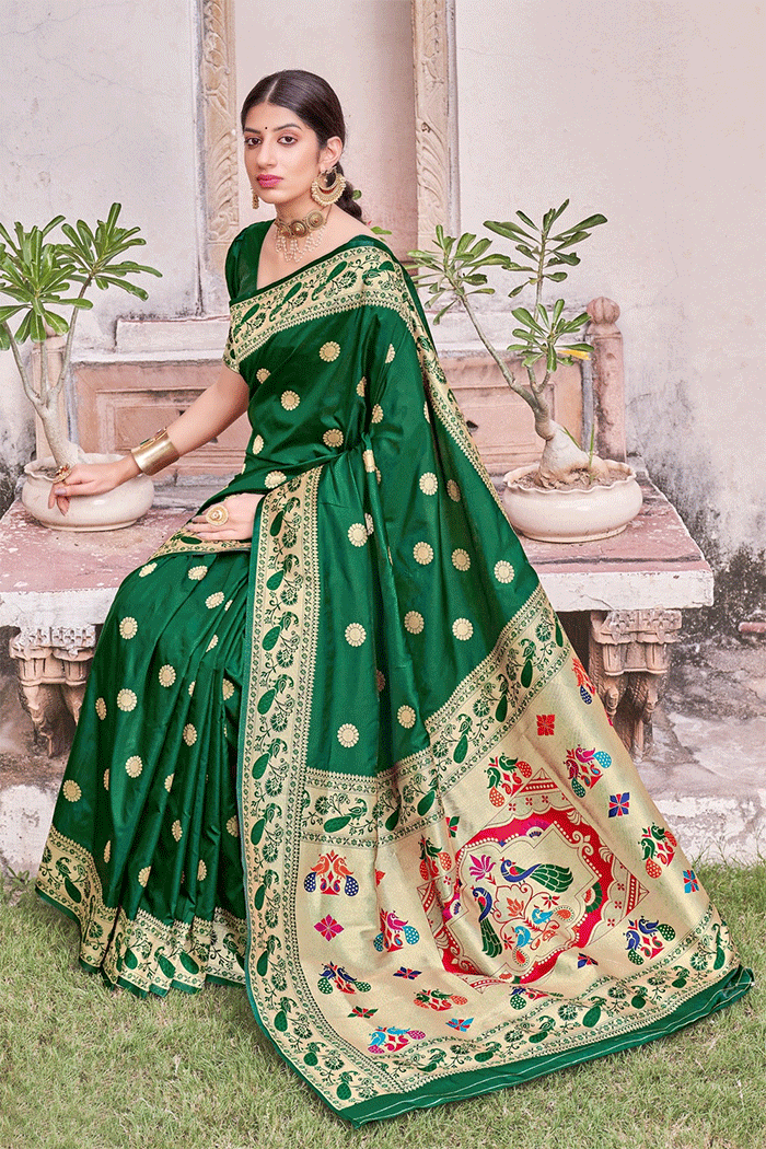 MySilkLove Vista Green Handloom Woven Paithani Silk Saree