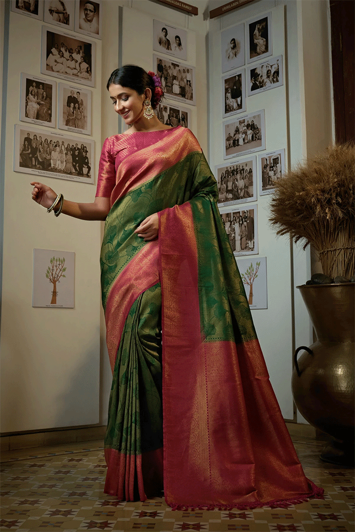 Buy MySilkLove Woodland Green and Pink Zari Woven Kanjivaram Saree Online