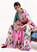 Mauvelous Pink Printed Satin Silk Saree