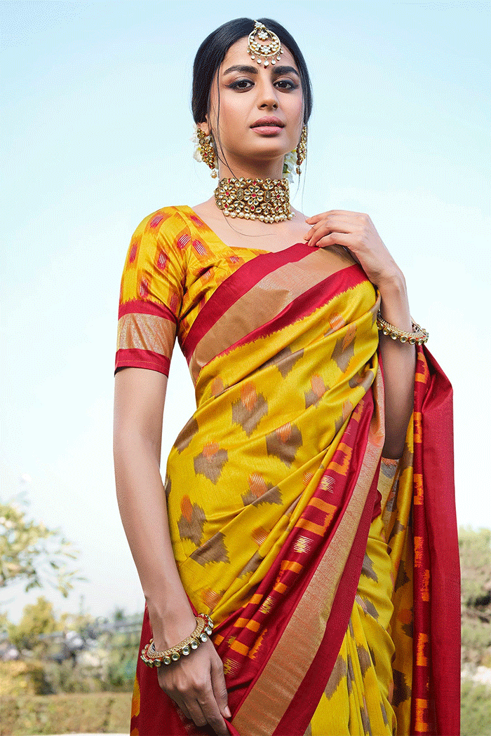 MySilkLove Grass Yellow and Red Patola Silk Saree