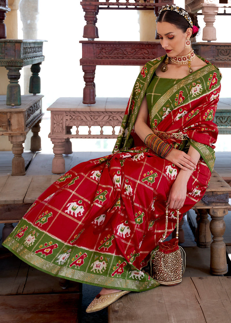 Red With Green Semi Silk Saree With Heavy Border