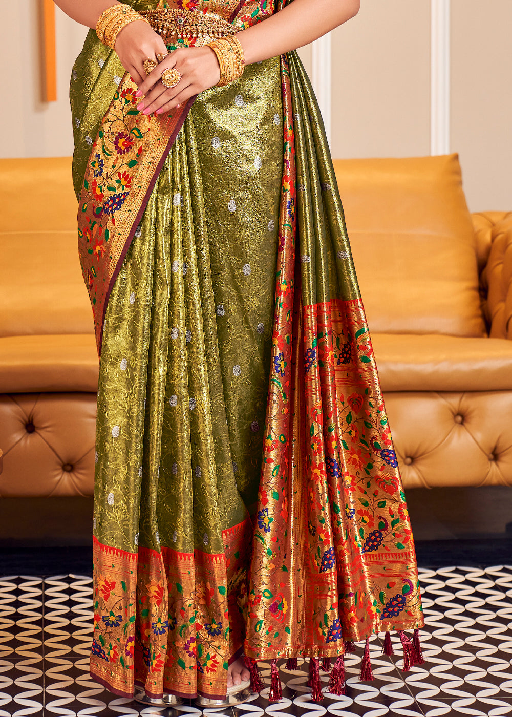 Buy MySilkLove Teak Green Shine Woven Paithani Silk Saree Online