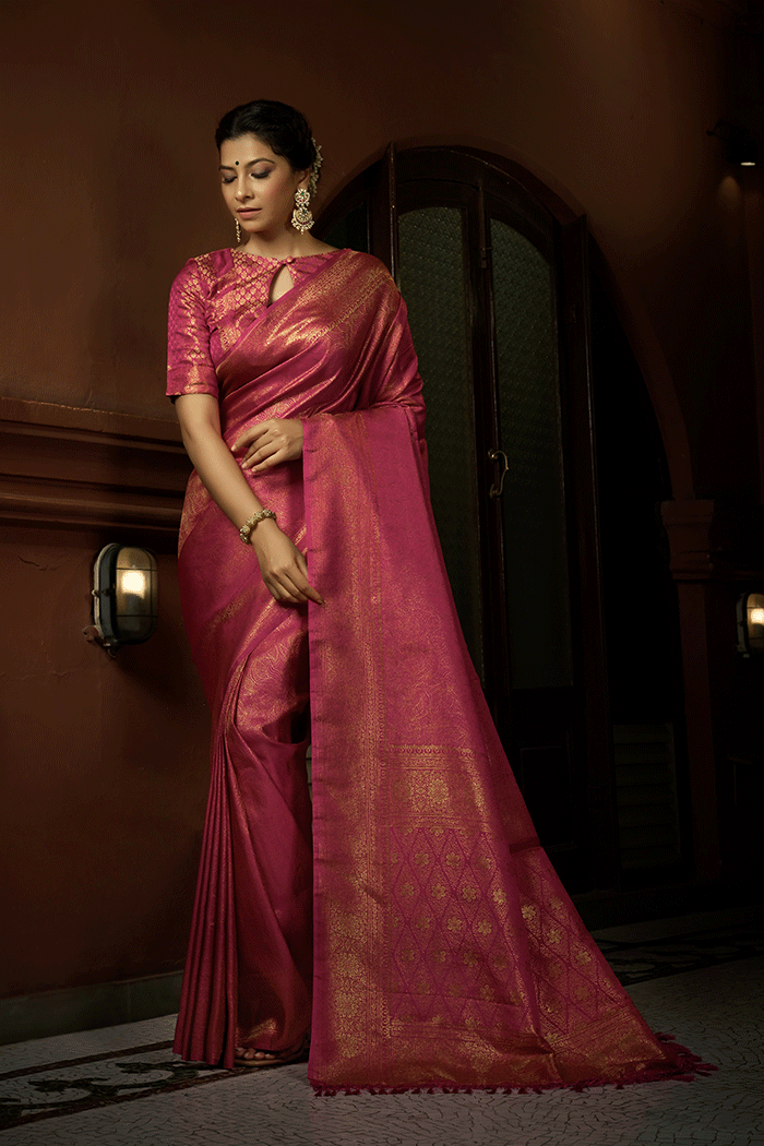 Stiletto Pink Zari Woven Kanjivaram Saree – Mysilklove