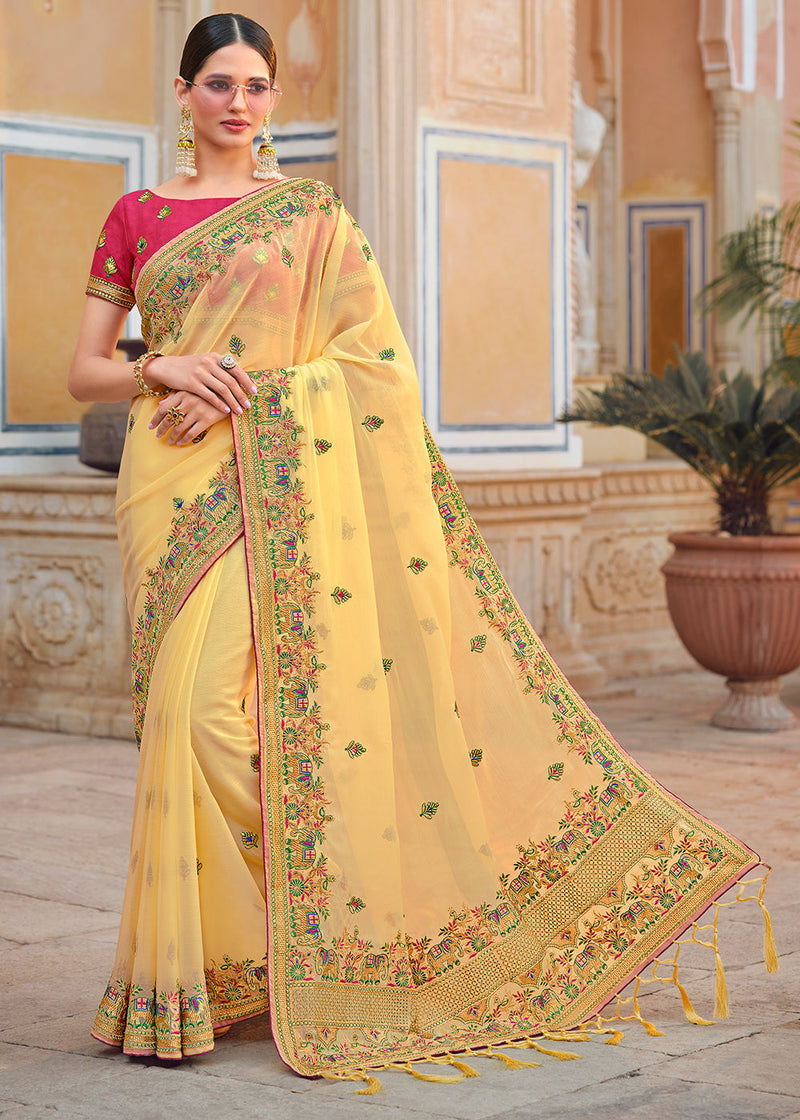 Haze Yellow Woven Organza Saree with Embroidery Work