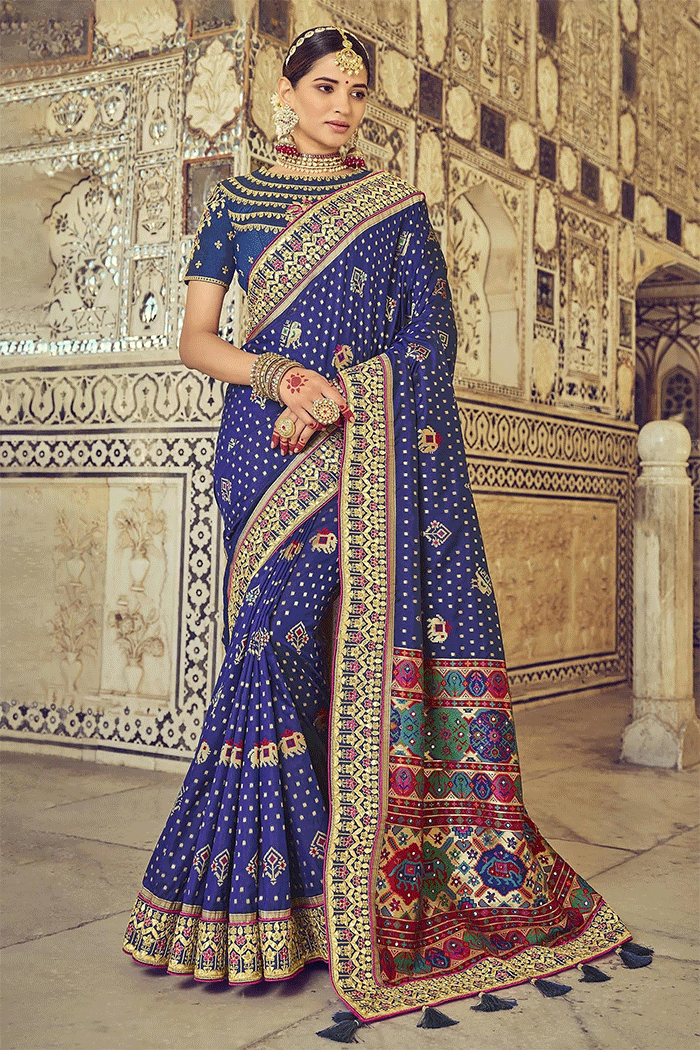 Buy MySilkLove Mulled Wine Blue Zari Woven Patola Saree With Designer Blouse Online