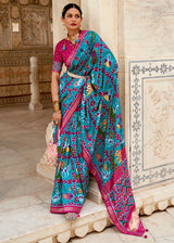 Eastern Blue and Pink Cotton Patola Printed Saree