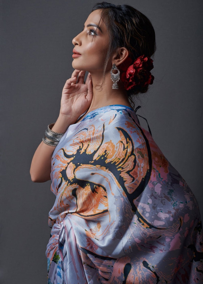 Grey Printed Satin Silk Saree