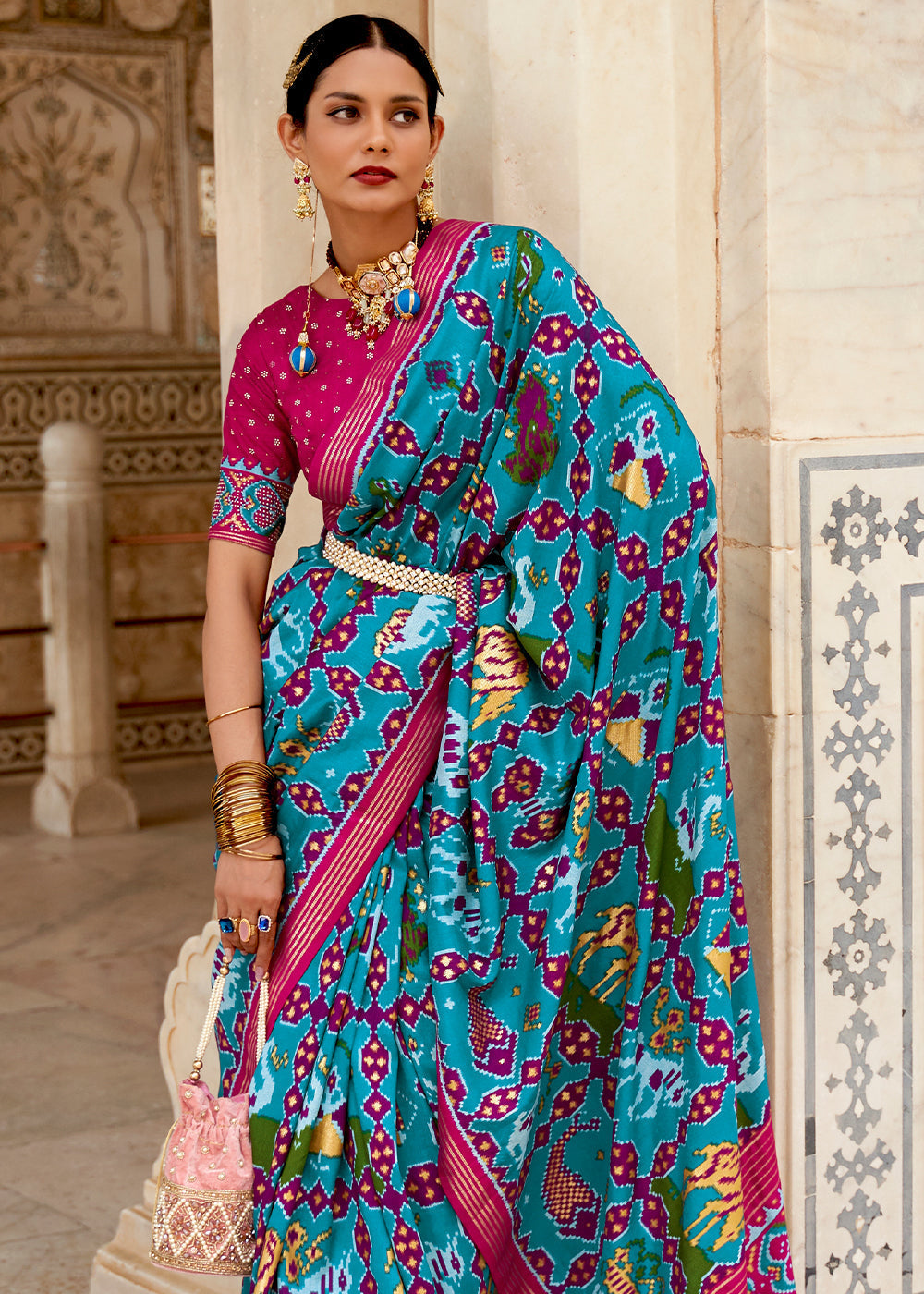 Buy MySilkLove Eastern Blue and Pink Cotton Patola Printed Saree Online