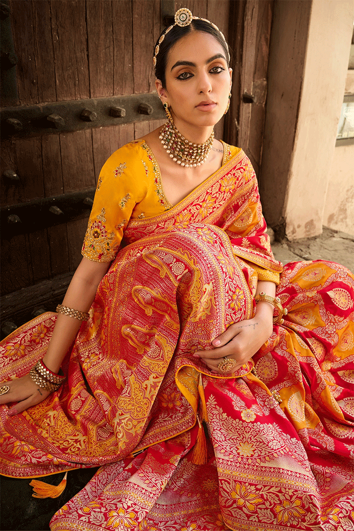 Cinnabar Red and Yellow Zari Woven Banarasi Saree