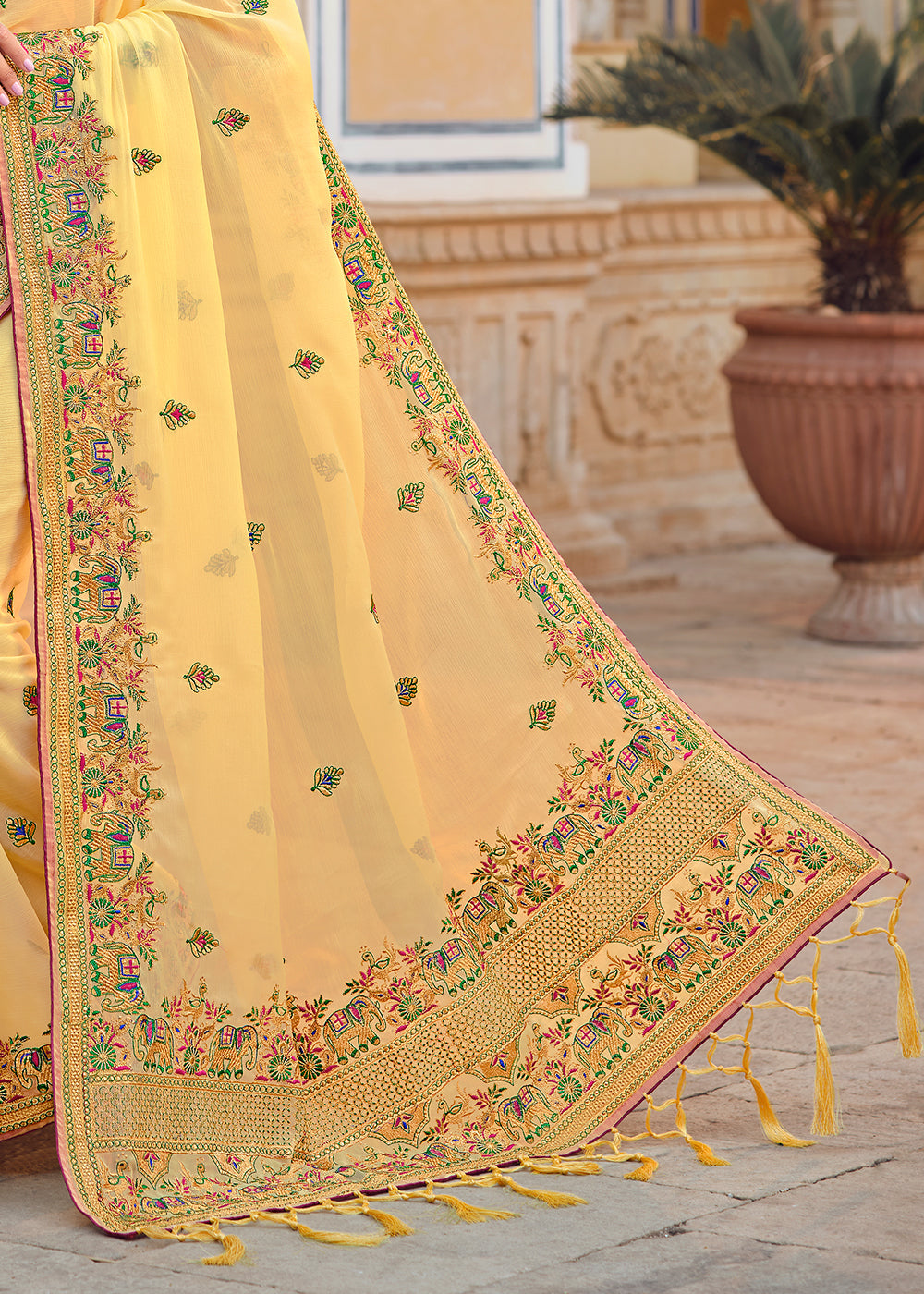 Buy MySilkLove Haze Yellow Woven Organza Saree with Embroidery Work Online