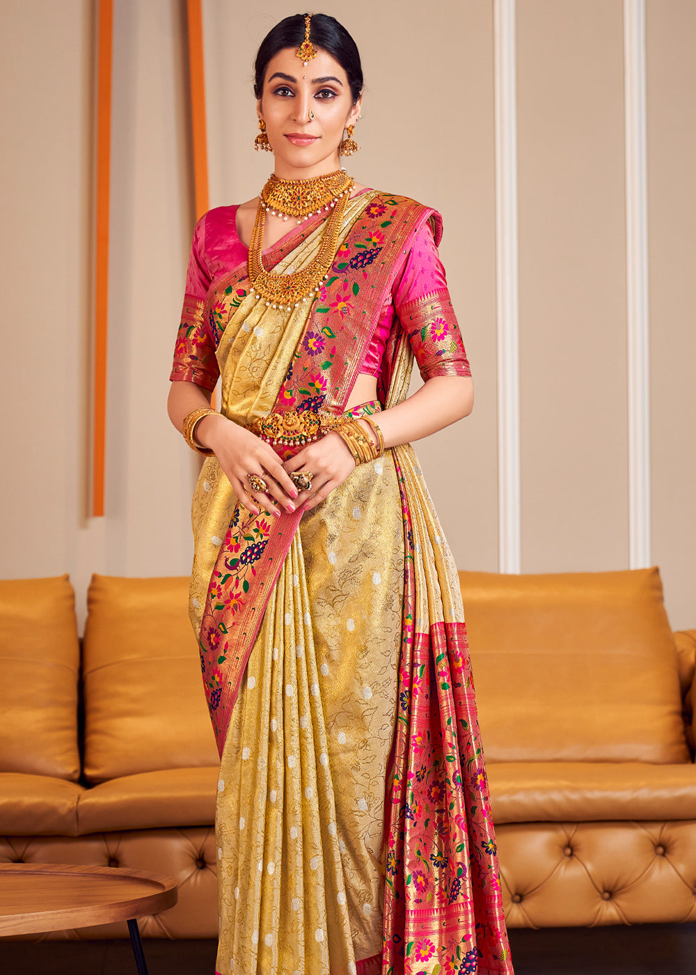 Buy MySilkLove Cream Brulee Golden Woven Paithani Silk Saree Online