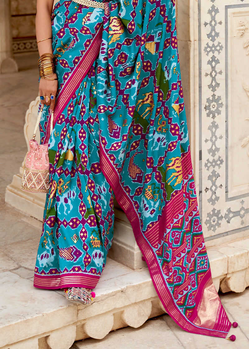 Eastern Blue and Pink Cotton Patola Printed Saree