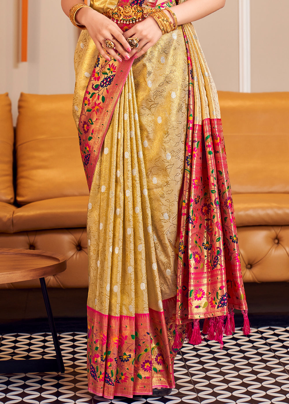 Buy MySilkLove Cream Brulee Golden Woven Paithani Silk Saree Online