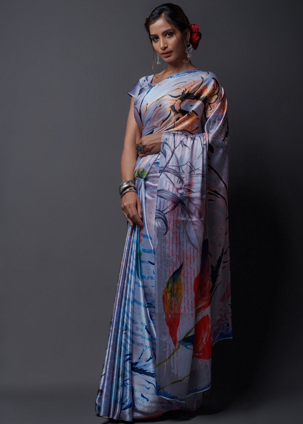 Buy MySilkLove Grey Printed Satin Silk Saree Online