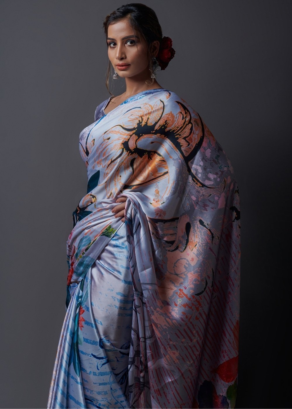 Buy MySilkLove Grey Printed Satin Silk Saree Online