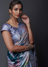 Grey Printed Satin Silk Saree