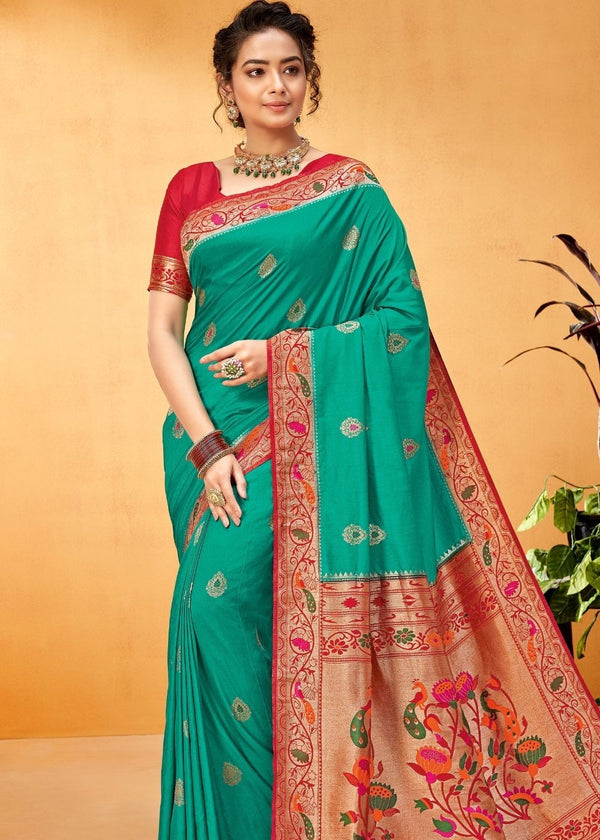 Gossamer Green Handloom Woven Paithani Silk Saree