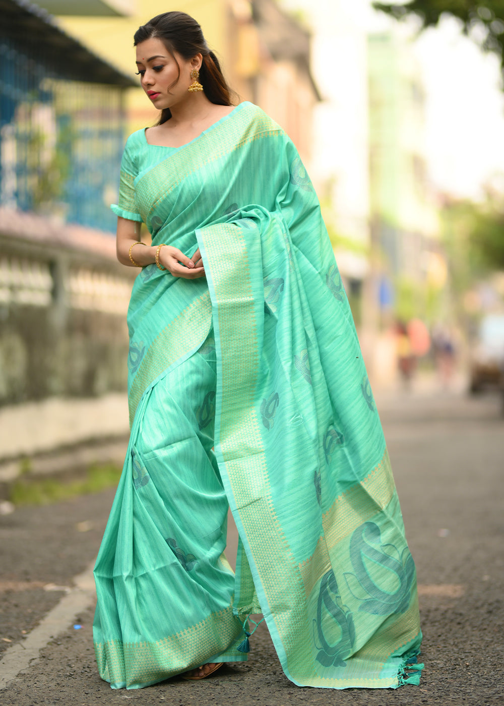 Buy MySilkLove Ocean Green Woven Soft Silk Saree Online