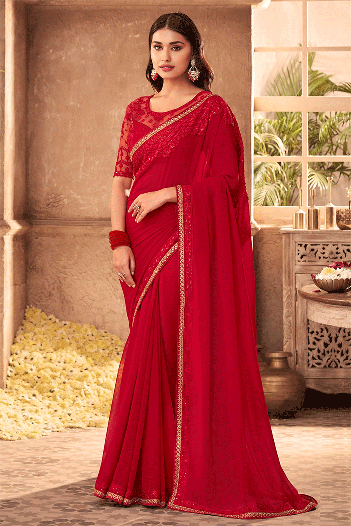 Buy MySilkLove Bean Red Designer Partywear Saree Online