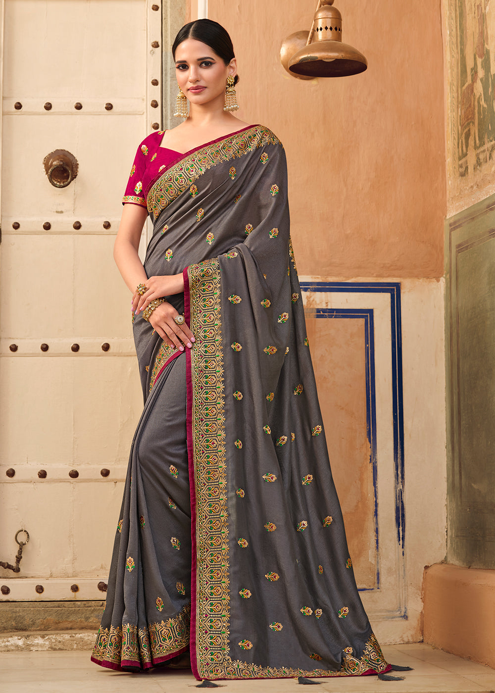 Buy MySilkLove Chicago Grey Woven Banarasi Saree with Embroidery Work Online