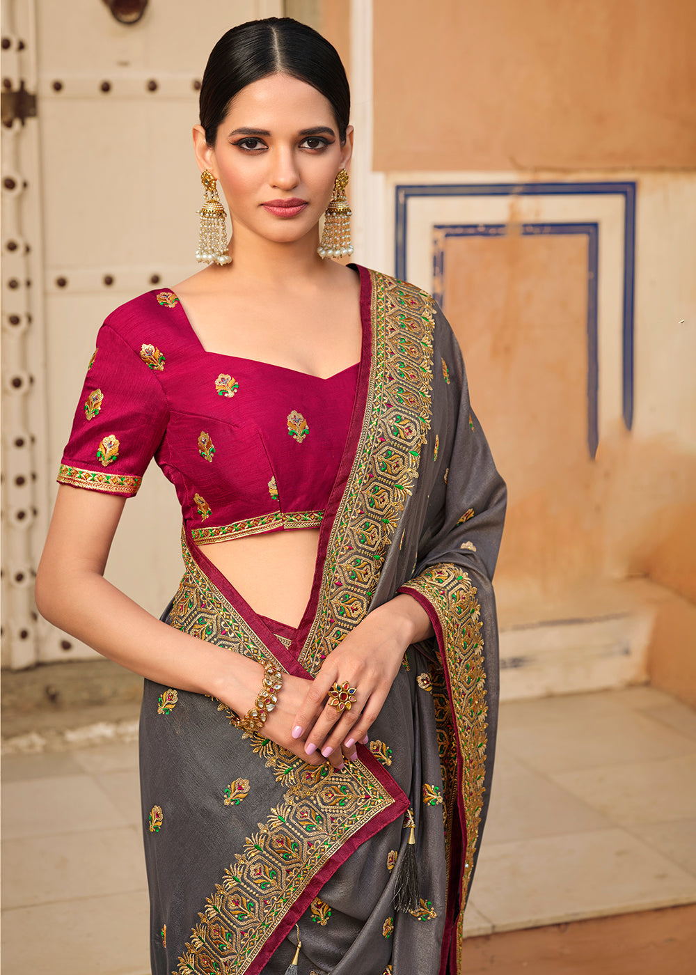 Buy MySilkLove Chicago Grey Woven Banarasi Saree with Embroidery Work Online