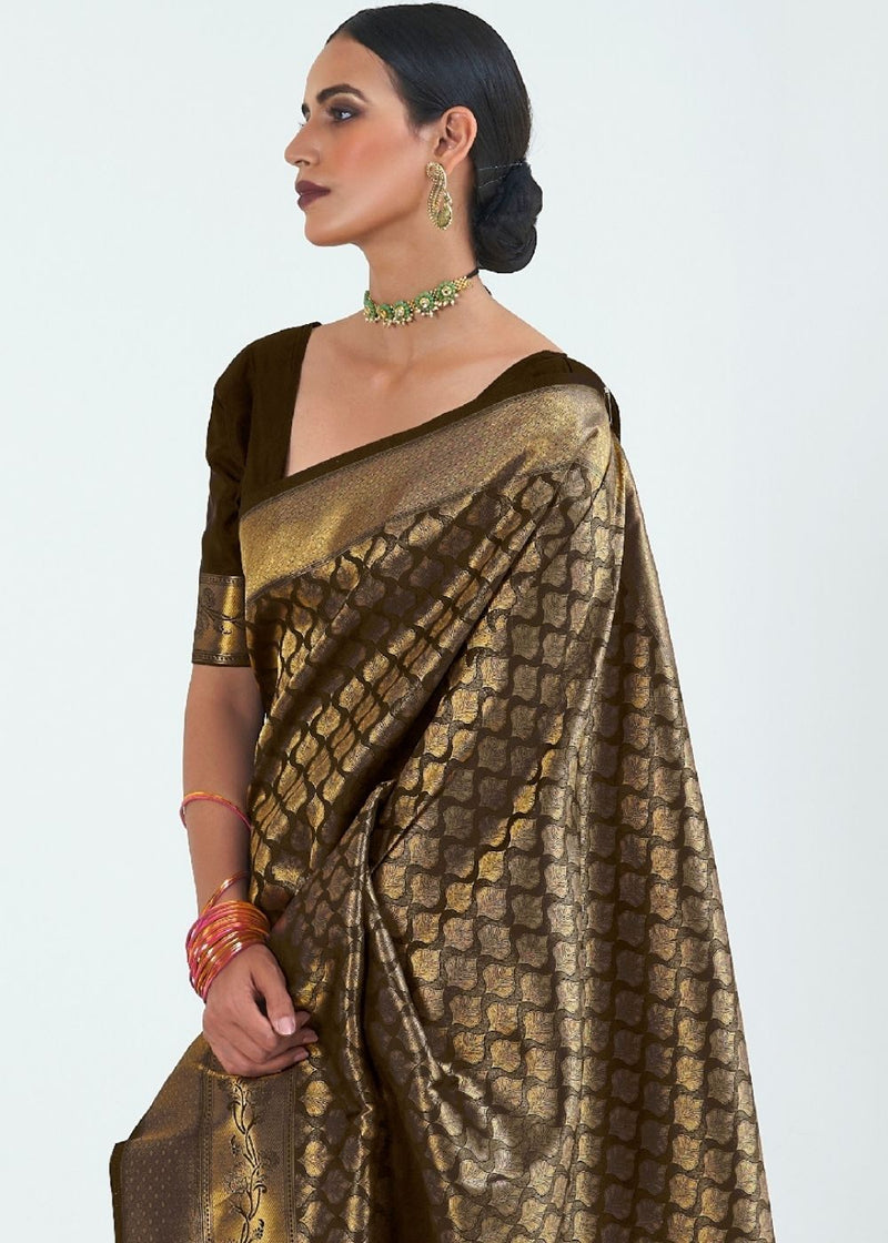 Jacko Bean Brown Zari Woven Kanjivaram Silk saree