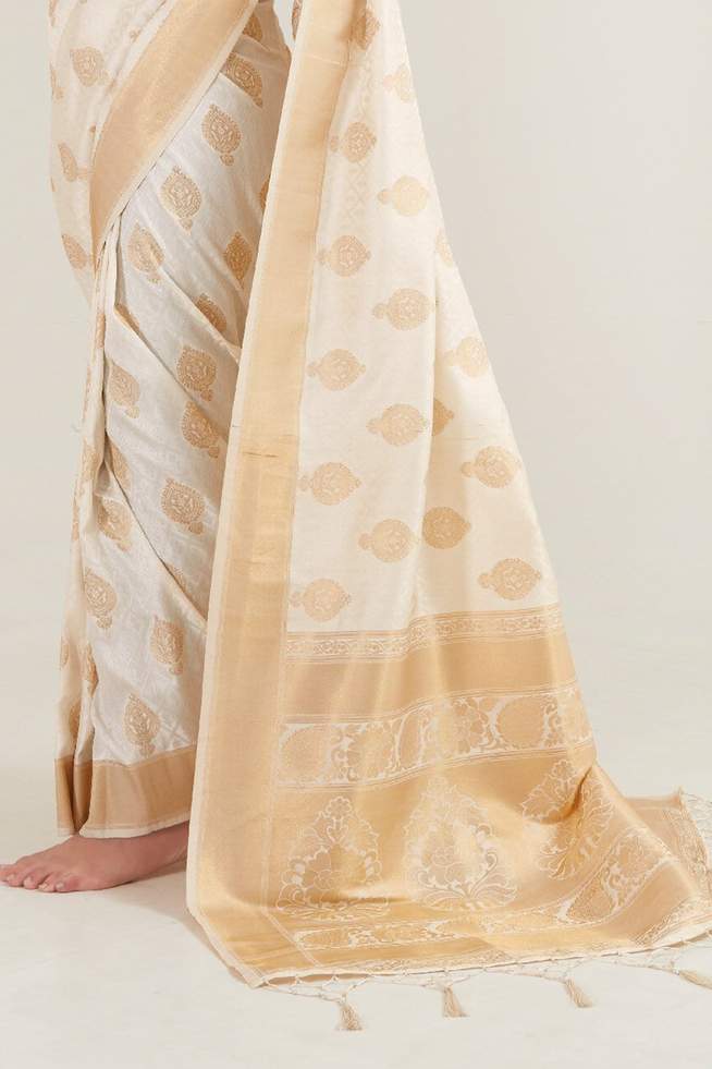 Buy MySilkLove Wafer White Zari woven Banarasi Saree Online