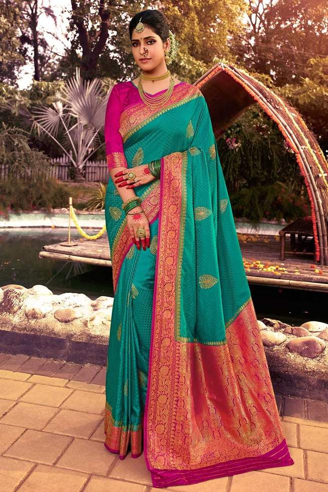 Buy MySilkLove Paradiso Blue and Pink Zari Woven Kanjivaram Saree Online