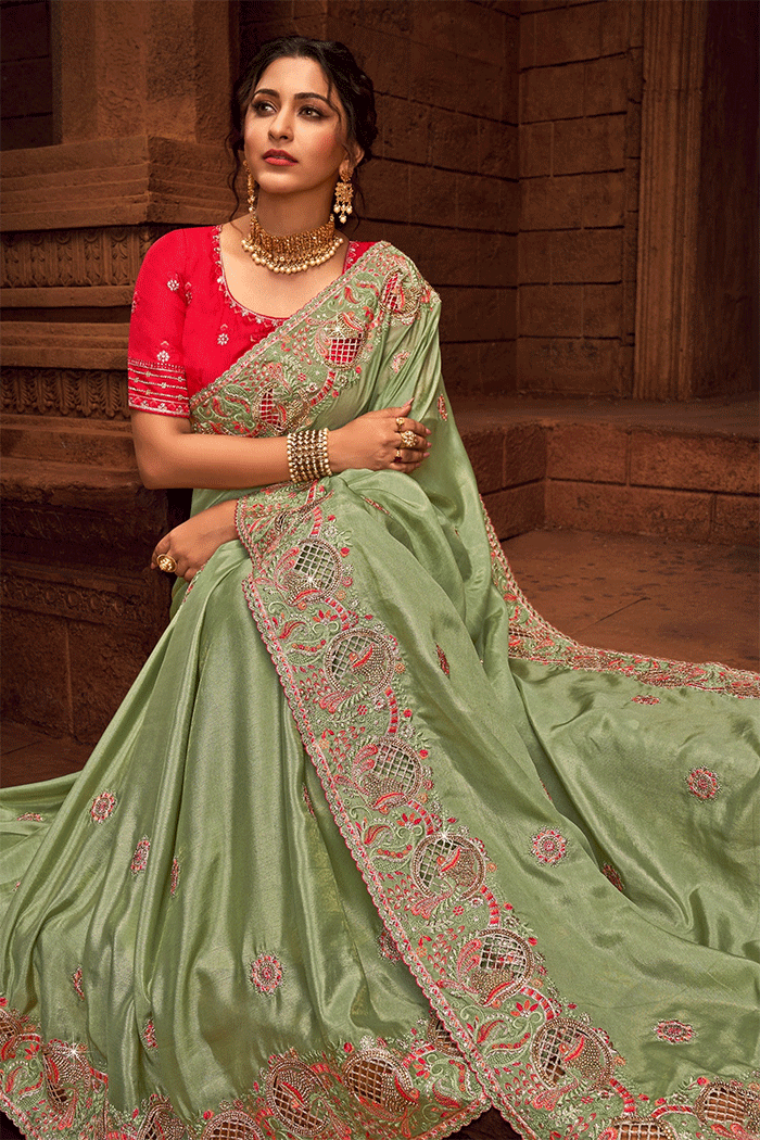 MySilkLove Locust Green Zari Woven Organza Saree