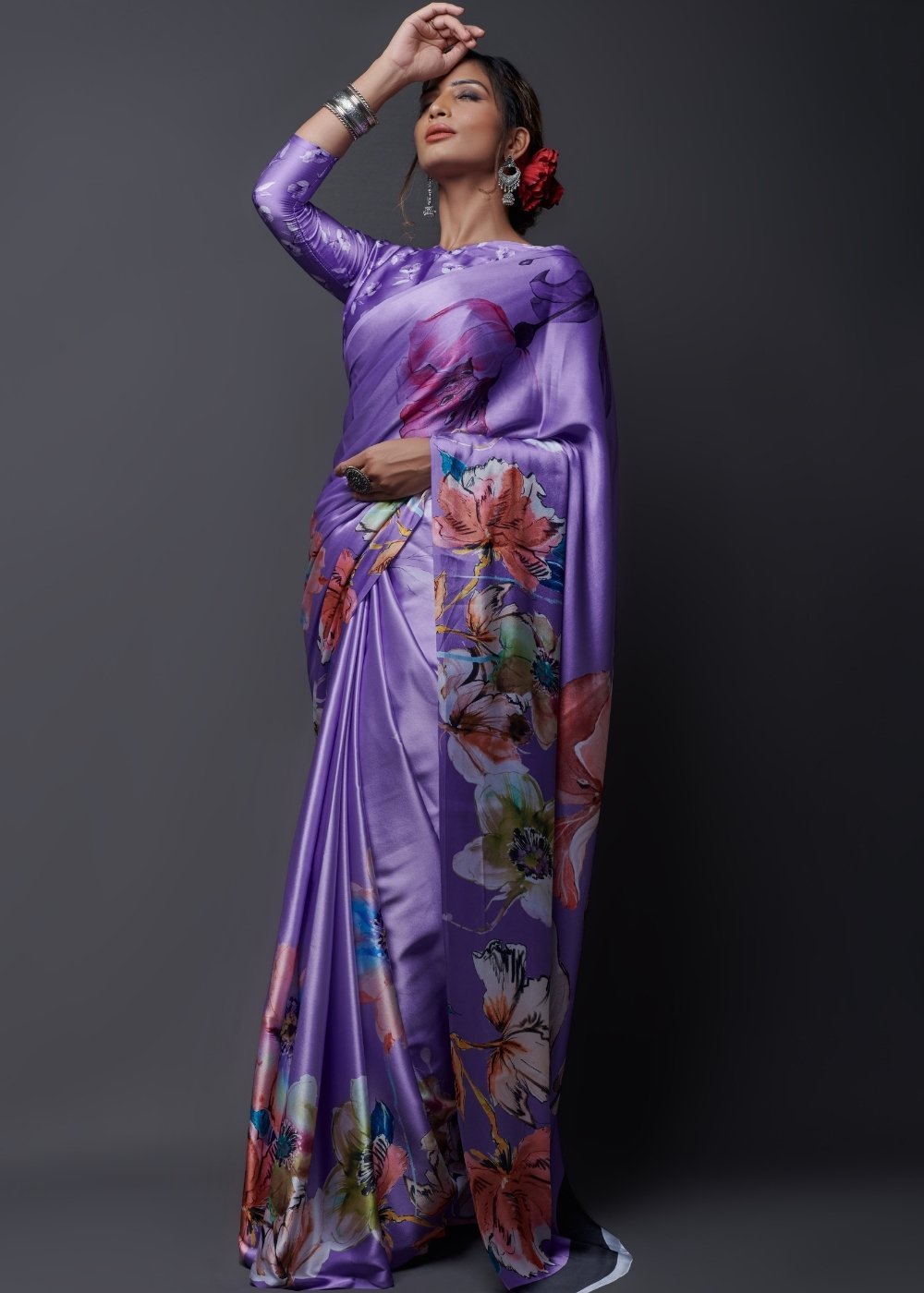 Buy MySilkLove Butterfly Bush Purple Satin Silk Saree Online