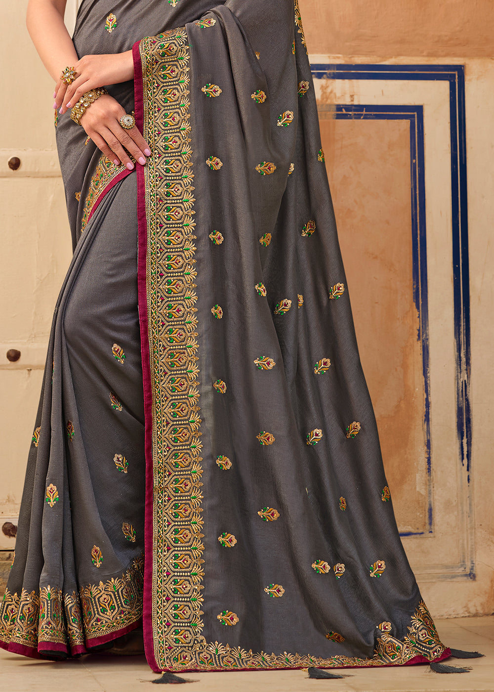 Buy MySilkLove Chicago Grey Woven Banarasi Saree with Embroidery Work Online