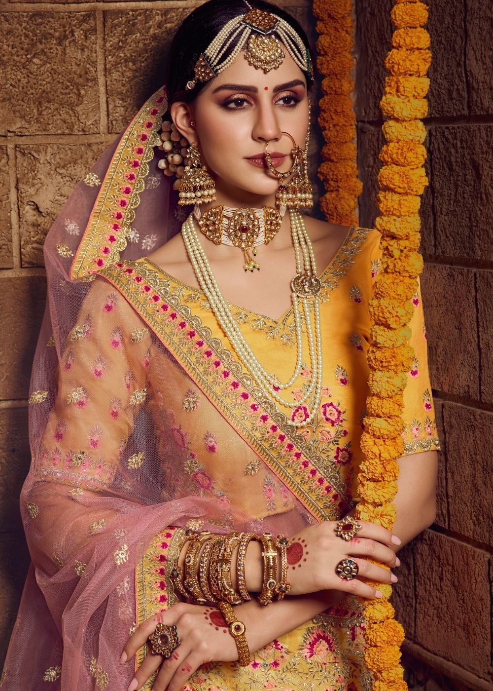 Buy MySilkLove Macaroni Yellow and Pink Organza Bridal Lehenga Choli Online