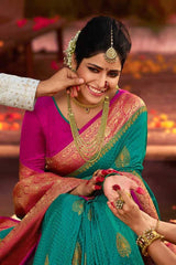 Paradiso Blue and Pink Zari Woven Kanjivaram Saree
