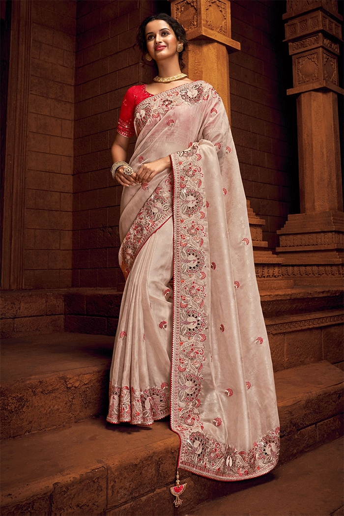 Quicksand Cream Zari Woven Organza Saree