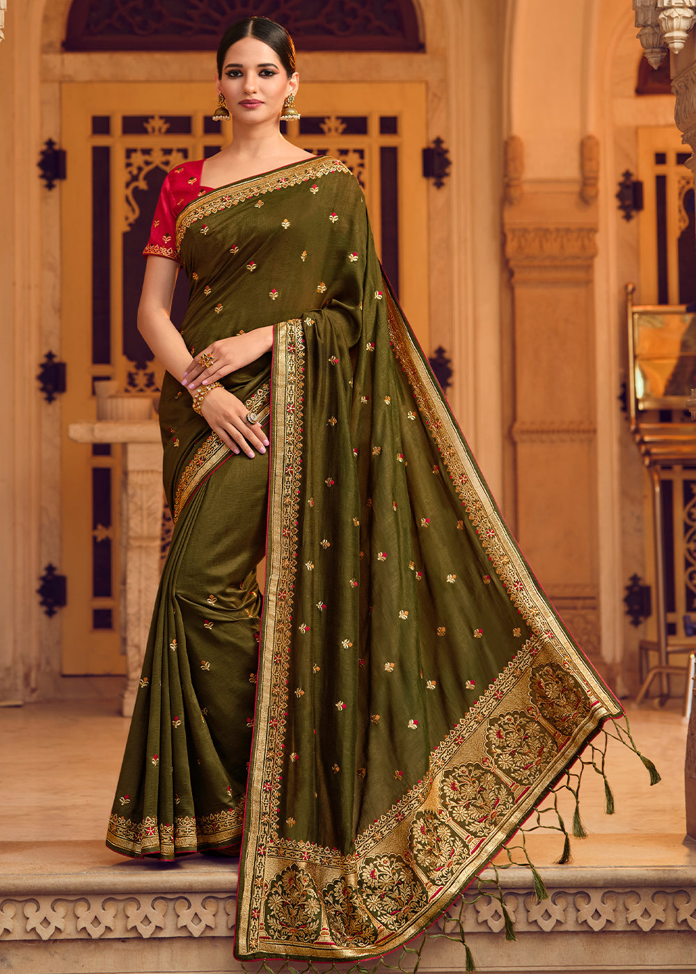 Buy MySilkLove Celeste Green Woven Banarasi Saree with Embroidery Work Online