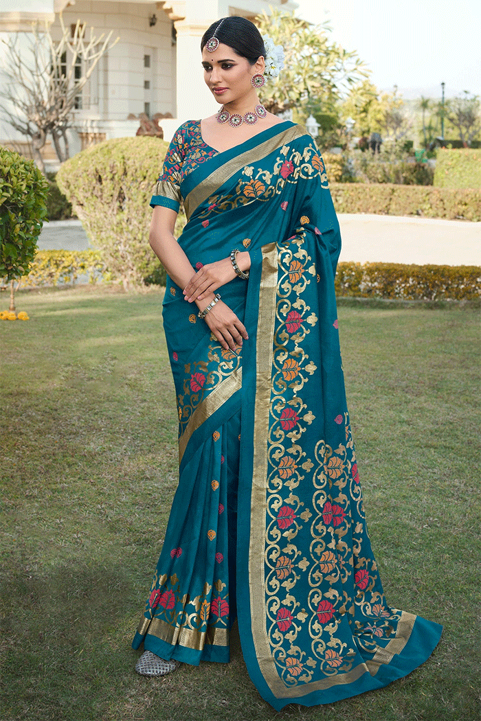 Buy MySilkLove Ming Blue Patola Silk Saree Online