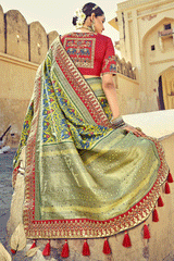 Olive Green and Red Zari Woven Patola Saree With Designer Blouse
