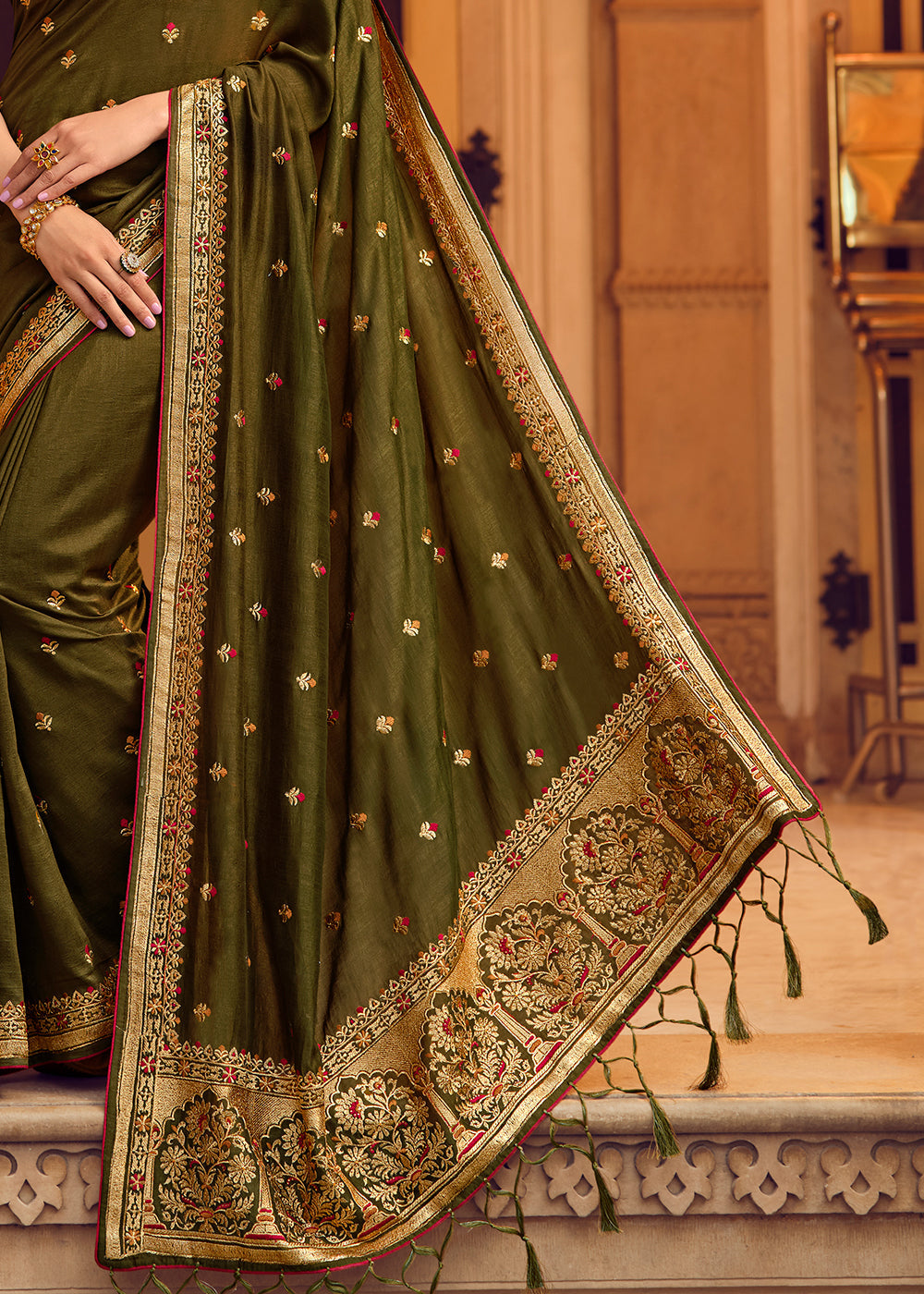 Buy MySilkLove Celeste Green Woven Banarasi Saree with Embroidery Work Online