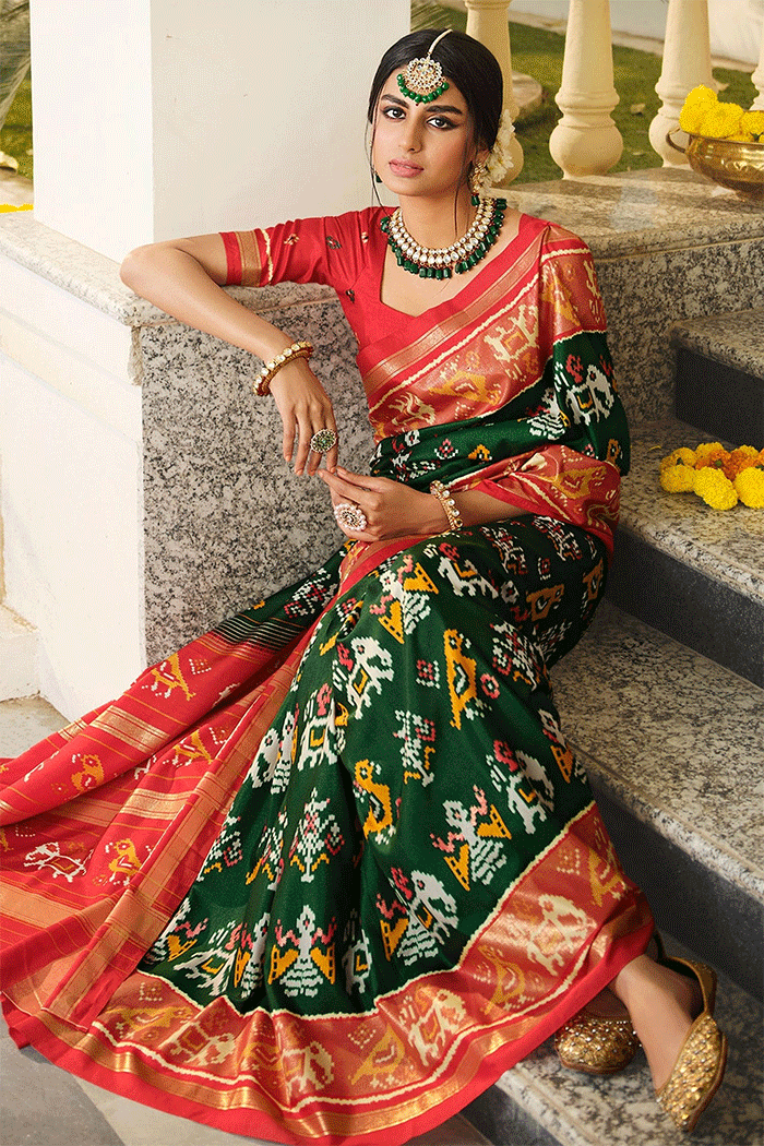 Buy MySilkLove Spring Green and Red Patola Silk Saree Online
