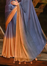 Comet Blue and Orange Chiffon Saree With Printed Blouse