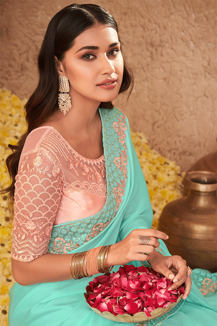 Vista Blue and Pink Designer Partywear Saree