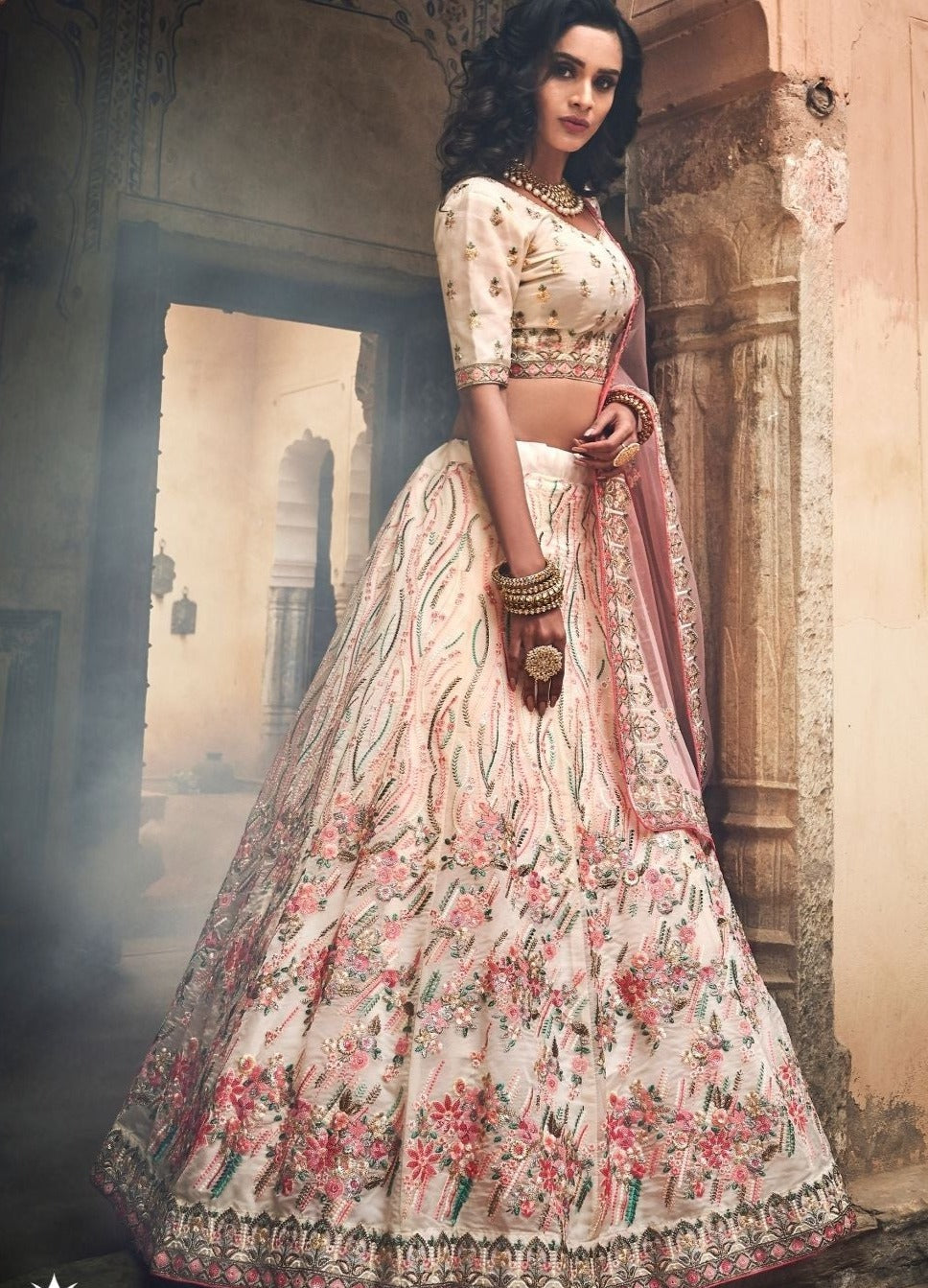 Buy MySilkLove Melon Pink Off White Organza Lehenga Choli Online